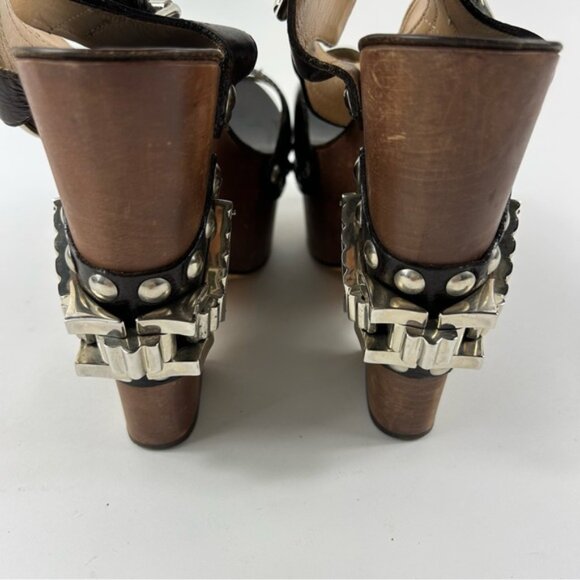 Rare Roberto Cavalli Brown Leather Embellished Buckle Detail Wedge - Picture 11 of 15